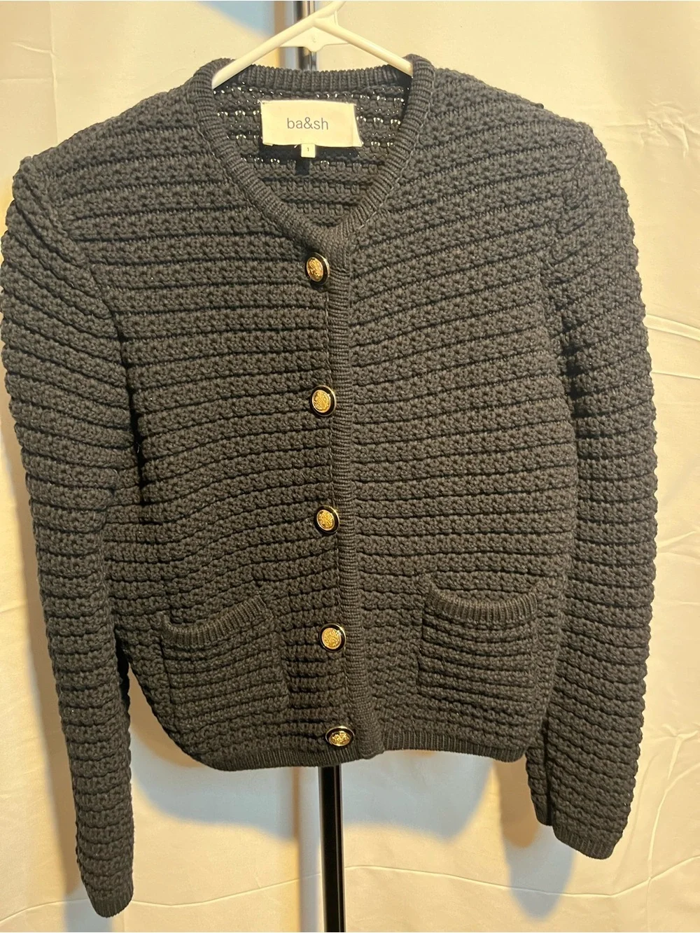 ba&sh Gaspard Crewneck Cotton-Blend textured knit Botton placket Cardigan Sz 1 - Picture 5 of 12